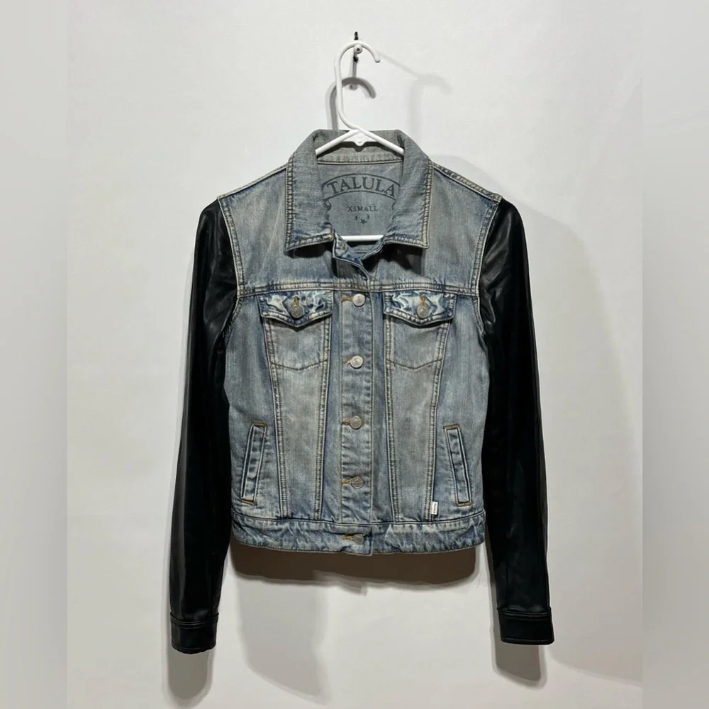 Aritzia‎ Talula Harem distressed denim jacket with faux leather sleeves Size XS